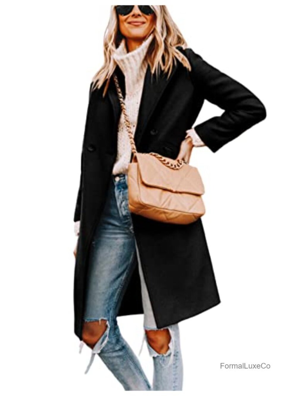 Wool Blend Peacoat Notch Lapel Double-Breasted Knee Length Winter Coat